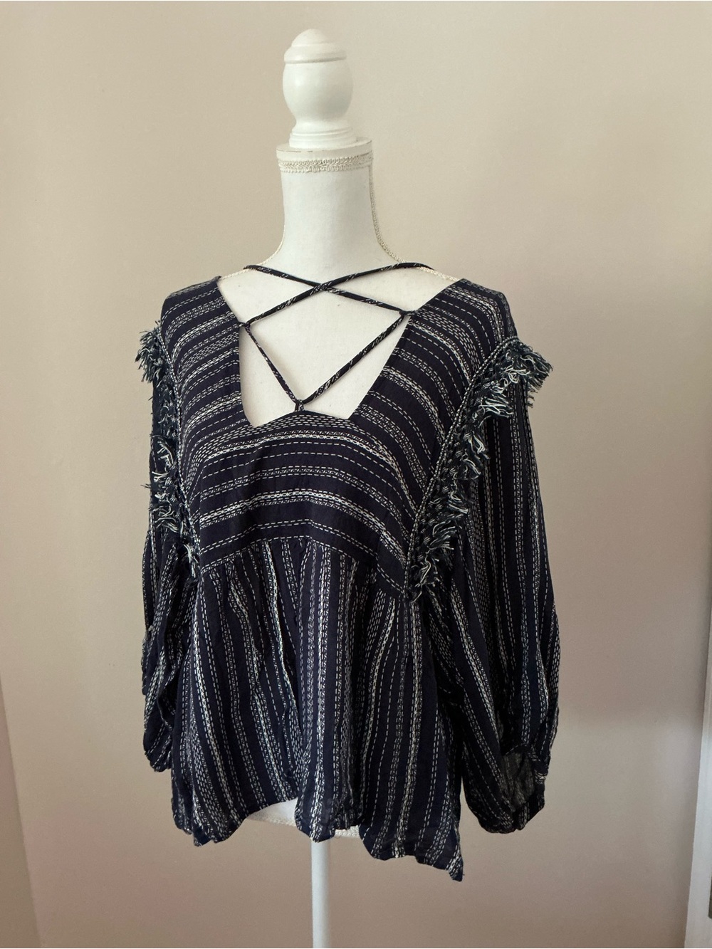 Blue Rain Navy Striped Crisscross Fringe Boho Blouse